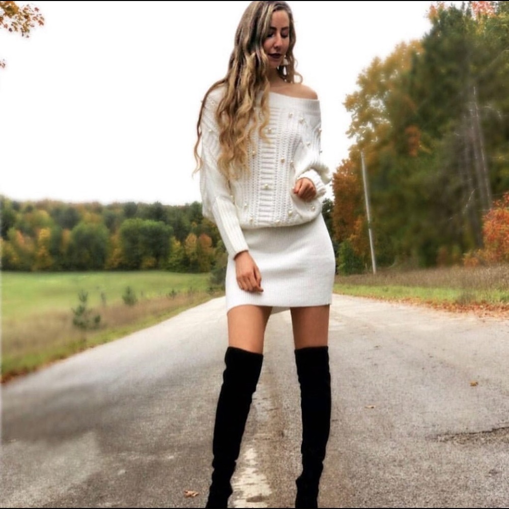 Off The Shoulder Pearl Embellished Sweater Dress